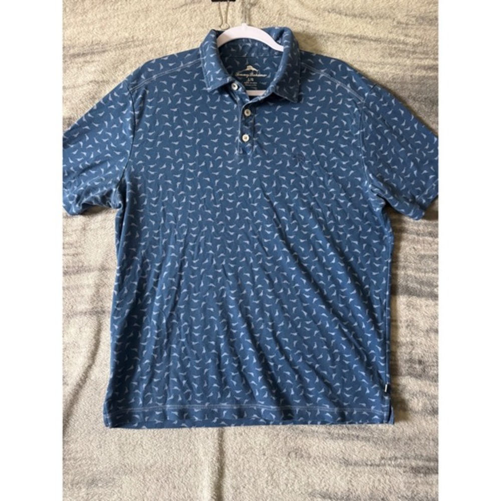 Tommy Bahama Mens Blue Marlin Print Polo‎ Shirt L ST225760MA Short Sleeve Cotton